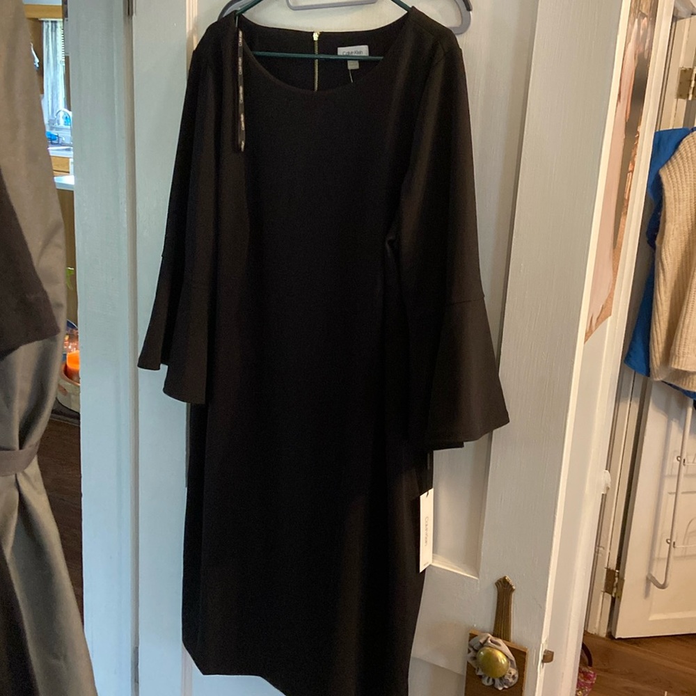 Calvin Klein black trumpet sleeve dress NWT